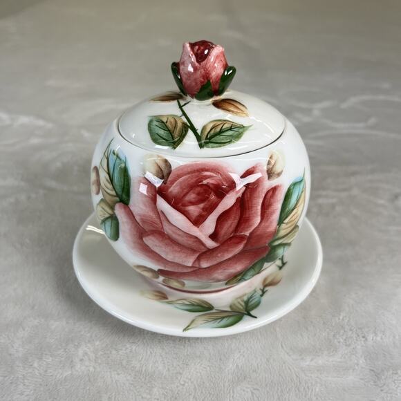 Lefton Handpainted Jelly/Jam Dish, Americana Rose Design 5”x 5” w/o Spoon Chrty - Picture 1 of 14